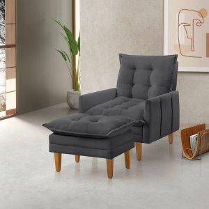Poltrona Khali Reclinavel com Puff Apoio P/ Pés em Veludo:grafite