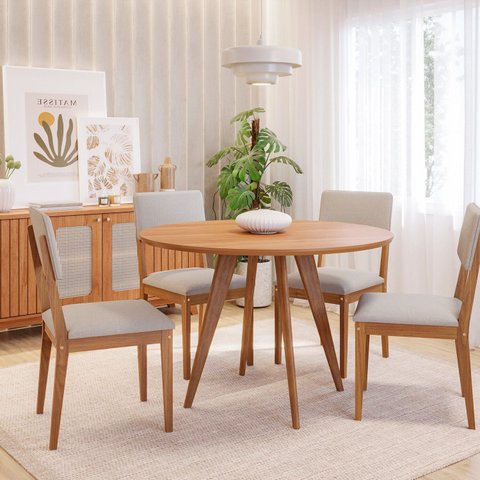 Sala de Jantar Mesa Acerola Redonda 109cm sem Vidro com 4 Cadeiras Sabiá Marrom/Cinamomo/Cinza