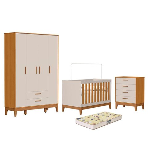 Dormitório Infantil Flip Guarda Roupa 4 Portas, Cômoda 4 Gavetas e Berço Areia Fosco/savana com
