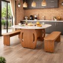 Ver imagem 1 de Mesa de Jantar Oval com Tampo de Vidro e 2 Bancos para Sala de Jantar