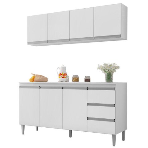 Balcão Gabinete 150cm 3 Portas e Armário Aéreo Branco