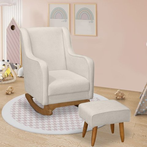 Poltrona de Amamentação Aquila Balanço com Puff Bouclê Off White