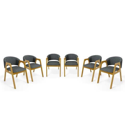Kit com 6 Cadeiras Agatha Madeira Maciça Estofada para Mesa de Jantar Linho Chumbo 406