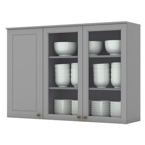 Armario Aereo 3 Portas Vidro Mdf 120 Cm Americana C363 Cinza Henn