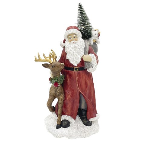 Escultura Papai Noel com Rena Decorativo em Resina e LED