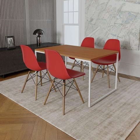 Mesa Industrial Base Ferro Branco Tampo 137X90 Canela 4 Cadeiras Madeira Assento Vermelho Marrom