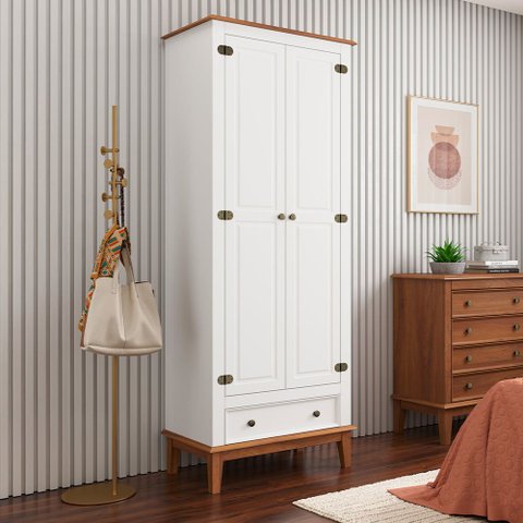 Guarda Roupa Solteiro Madeira Maciça Rústico 2 Portas 1 Gaveta Branco - Apaixone & Decore