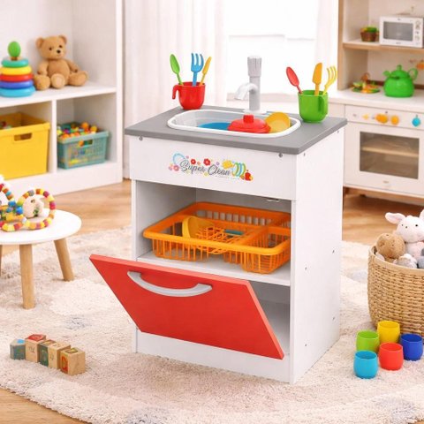 Cozinha Infantil Pia MDF com Acessorios Torneira Cuba Brinquedo Educativo Faz de Conta Menina Menino