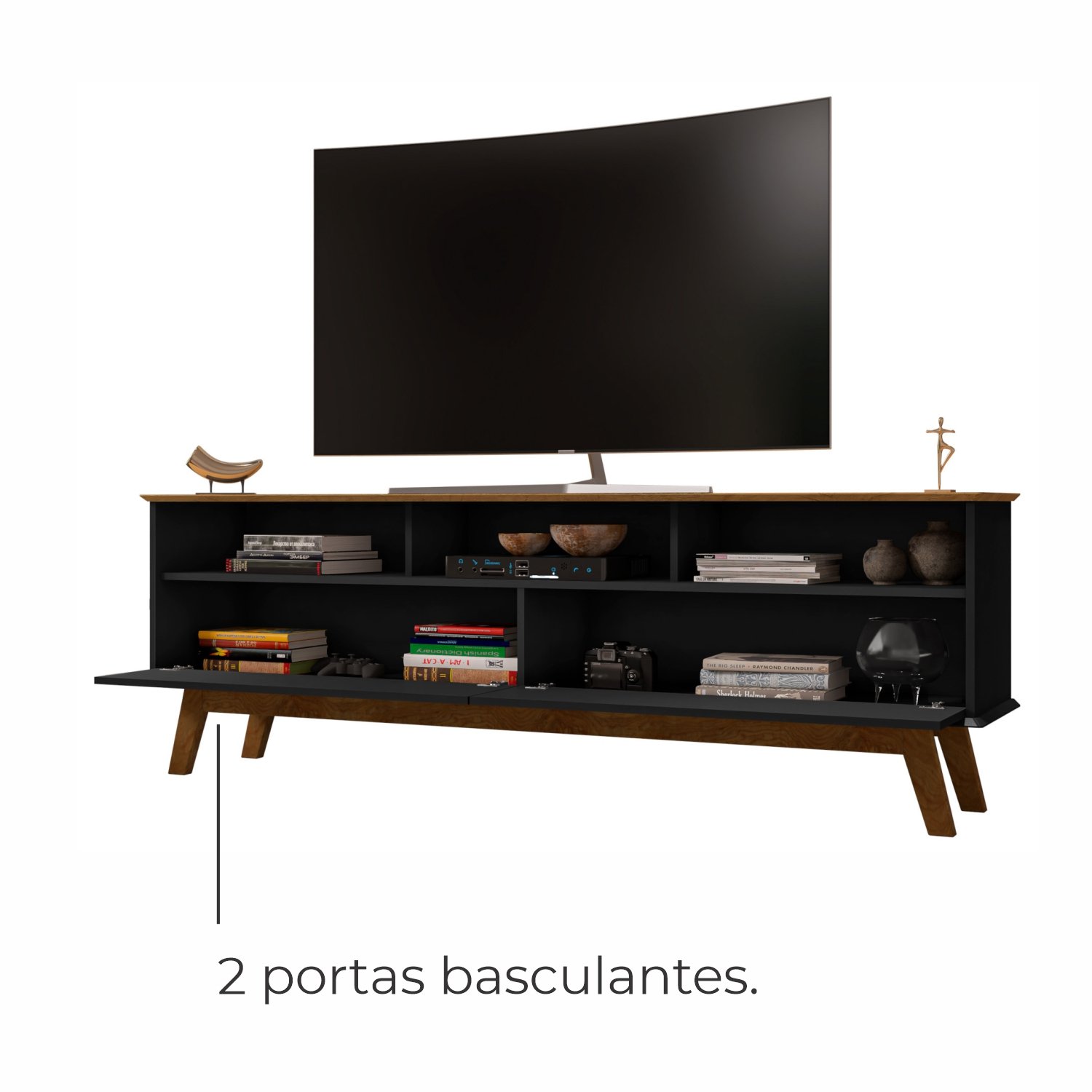 Rack para Tv até 65 Polegadas Ado com 1 Porta e Pés de Madeira Babus - Preto - 5