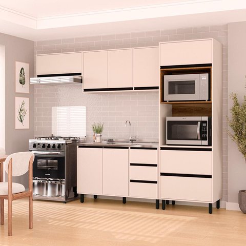 Cozinha Koya 4 Peças 270x214cm Armários Aéreos Balcão 2 Portas Torre Quente Creme 250029