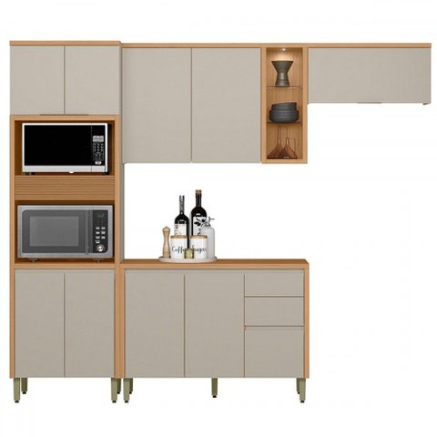 Cozinha Completa Allune 10 Portas 3 Gavetas 100% Mdf Jequitibá/gris- Linea Brasil
