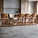 Ver imagem 3 de Kit 05 Banquetas Baixa Bar Cozinha Sala Jantar Fixa Betta L02 Imbuia Linho Cru - Lyam Decor Banqueta