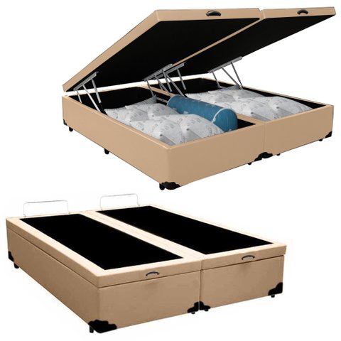 Cama Box Baú Casal Bipartido Sintético Bege Emth 138x188x40