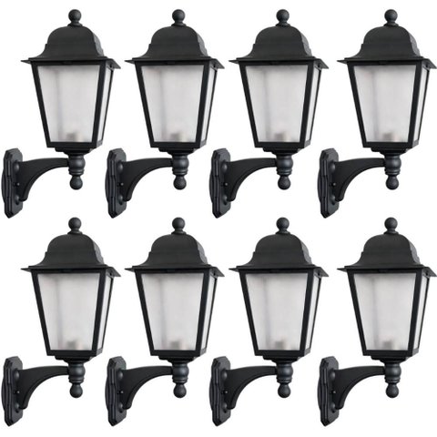 Kit 8 Luminárias de Parede Arandelas Termoplástico Preto E27 Lente Fosca Bivolt Soberana Dital