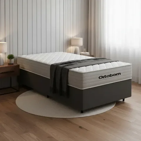 Cama Box com Colchão de Molas Ensacadas Ortobom One Face Plenno Superpocket Solteiro 88cm