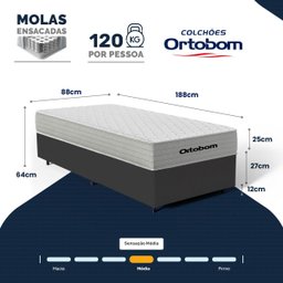 Cama Box com Colchão de Molas Ensacadas Ortobom One Face Plenno Superpocket Solteiro 88cm - 4 Cama Box com Colchão de Molas Ensacadas Ortobom One Face Plenno Superpocket Solteiro 88cm - 4