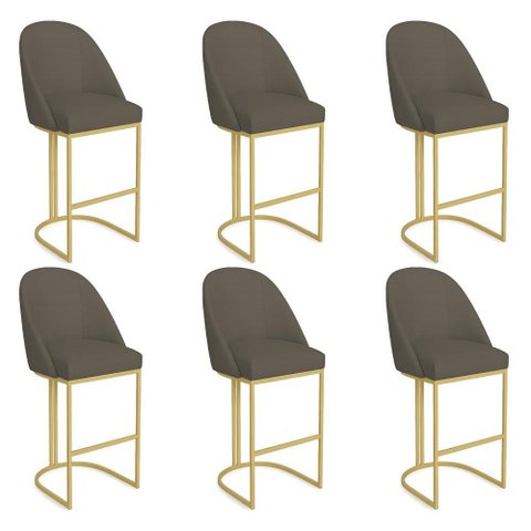 Kit 06 Banquetas Altas Bela Suede Base Metálica Industrial Dourado - Pallazio Cor:Marrom Rato