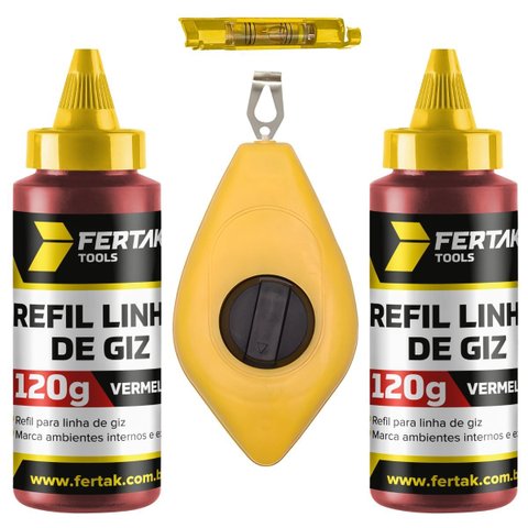 Kit Jogo Marcação Linha Giz 15m Vermelho Pedreiro Gesseiro com Nível + Refil Vermelho 120g