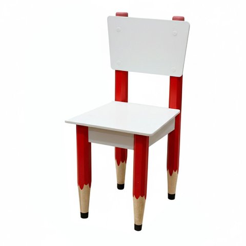 Cadeira Infantil Lápis Vermelho Assento e Encosto Brancos para Estudos e Desenhos Mobília Decor