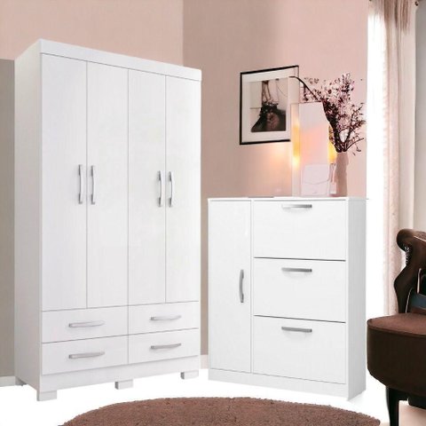 Conjunto Guarda Roupa e Sapateira Casal Aquarela 8 Portas 7 Gavetas MDF MDP Branco Framar