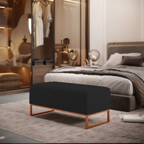 Puff Decorativo Sala de Estar Cléo 90cm Base de Ferro Cobre W01 Suede Preto - Lyam Decor