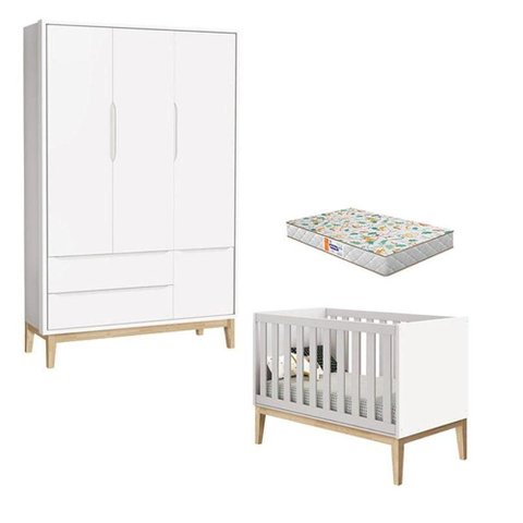 Berço Americano e Guarda Roupa 3 Portas New Classic Branco com Pés Madeira e Colchão Gazin -
