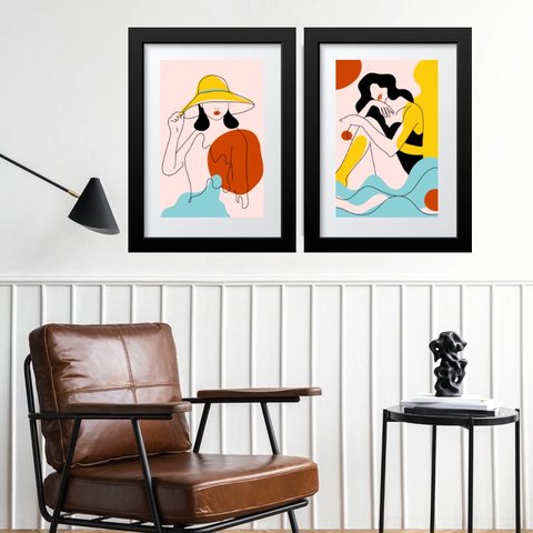 Kit 2 Quadros Abstratos Mulheres Verão - 60x48cm:madeira Preta