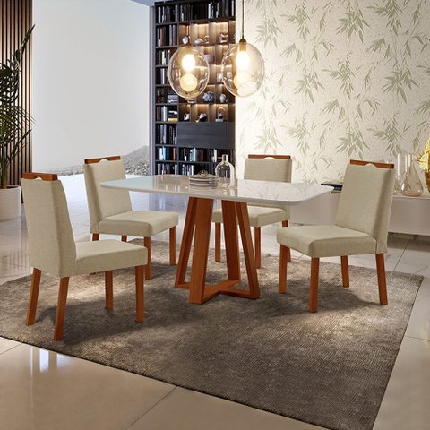 Conjunto Sala de Jantar Mesa Floripa e 4 Cadeiras Pérola Madeira Maciça Linho Bege
