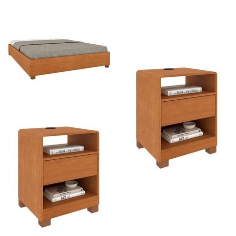 Conjunto Cama Monaco Casal + 2 Mesa de Cabeceira 1 Gaveta Orgânica Luna com Carregador USB 100% MDF Marrom/Cinamomo