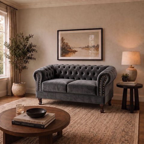 Namoradeira Chesterfield Duque 2 Lugares em Veludo Chumbo