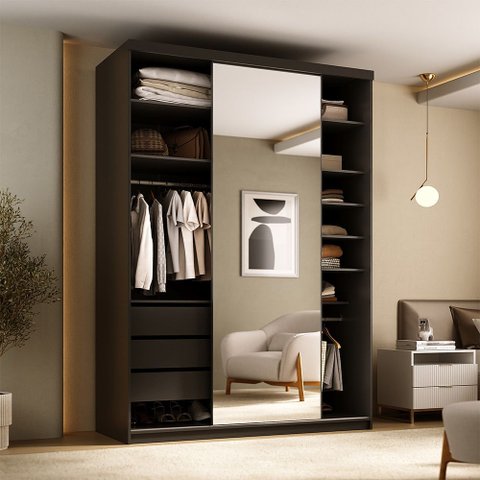 Closet Solteiro 1 Porta de Correr com Espelho 3 Gavetas 139cm Mdf Sonni R02 Preto - Lyam Decor