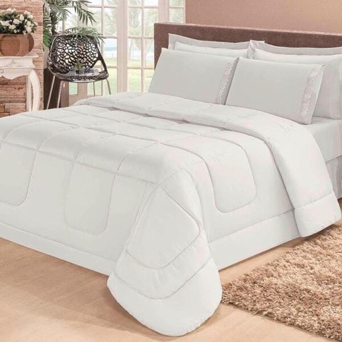 Kit Edredom Aconchego Casa Dona Dupla Face Casal Queen 6 Pçs com Lençol Branco