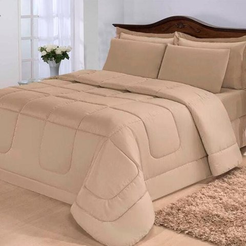 Kit Edredom Confort Casa Dona Dupla Face Casal Queen 6 Pçs com Lençol Bege