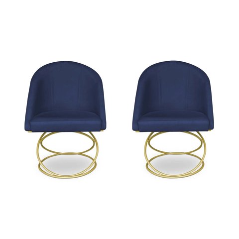 Kit 2 Poltronas Cadeiras de Jantar Luxo Estofada Base Metal Dourado Sala Cozinha Recepção Suede Azul