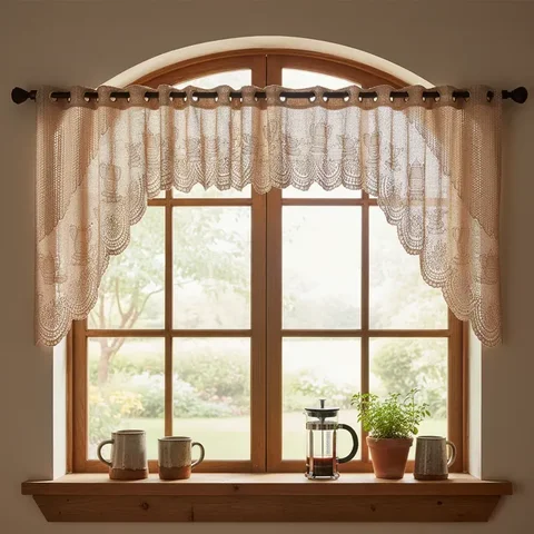 Cortina Bando Renda Cascata Cozinha Bule 3,15x1,00 Sortida:Marrom
