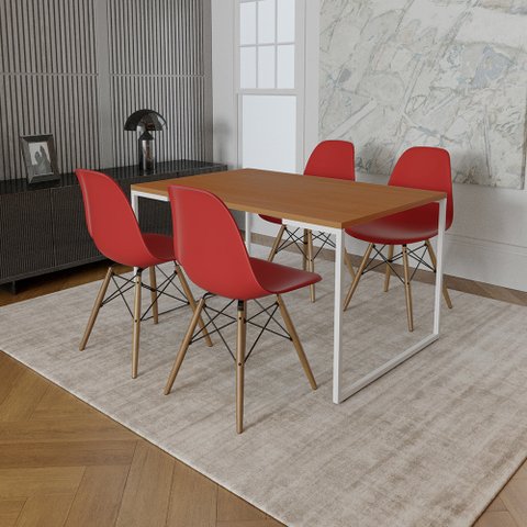 Mesa Industrial Base Ferro Branco 137x90 Tampo Canela 4 Cadeiras Eiffel Madeira Assento Vermelho
