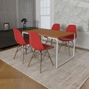 Ver imagem 1 de Mesa Industrial Base Ferro Branco 137x90 Tampo Canela 4 Cadeiras Eiffel Madeira Assento Vermelho