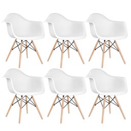 Kit 6 Cadeiras Charles Eames Eiffel Daw com Braços - Base de Madeira Clara - Branco - 1