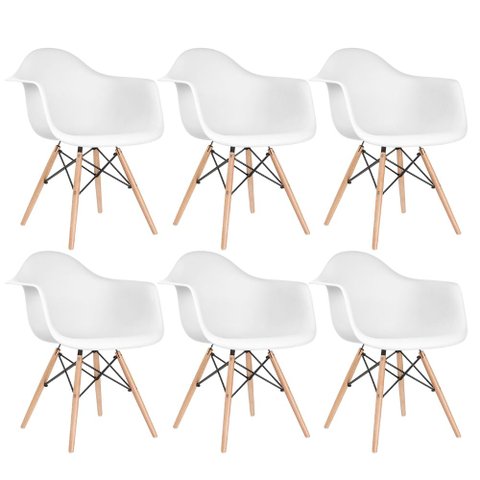 Kit 6 Cadeiras Charles Eames Eiffel Daw com Braços - Base de Madeira Clara - Branco