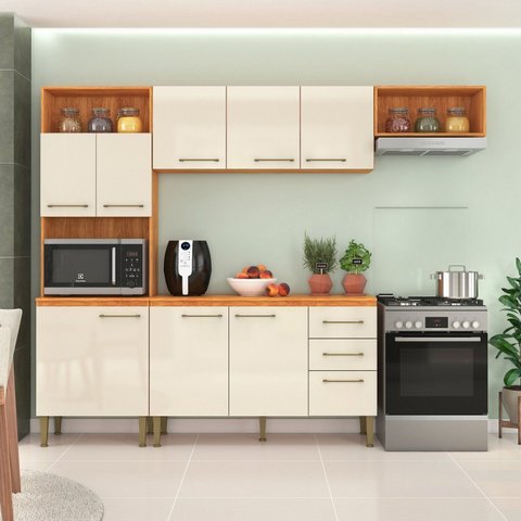 Cozinha Compacta 2 Peças 198cm x 240cm Malu Bege/Cinamomo/Off White