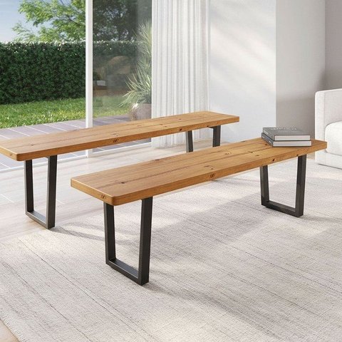 Kit 2 Bancos 180cm Base em Ferro e Madeira Maciça Livorno Espresso Moveis