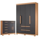 Ver imagem 1 de Guarda Roupa Solteiro Doble 04 Portas e Cômoda Xangai Freijo Titanium - Móveis Albatroz