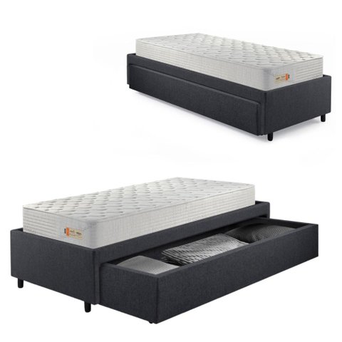 Base Box Cama Solteiro Sapateira Linho Cinza e Colchão Ecoline D33 Ecoflex 88x188