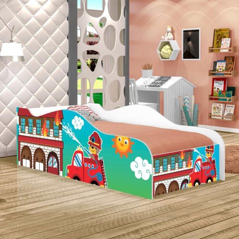 Cama Infantil com Colchão Ursinho Bombeiro 100% Mdf para Quarto Infantil