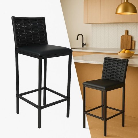 Banqueta Turquia Alta Corino Preto com Encosto Junco Cozinha Bancada Gourmet Aço
