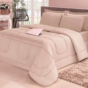 Kit 6 peças: Edredom Dupla Face Premium Luxo Casa Dona Casal Queen Bege