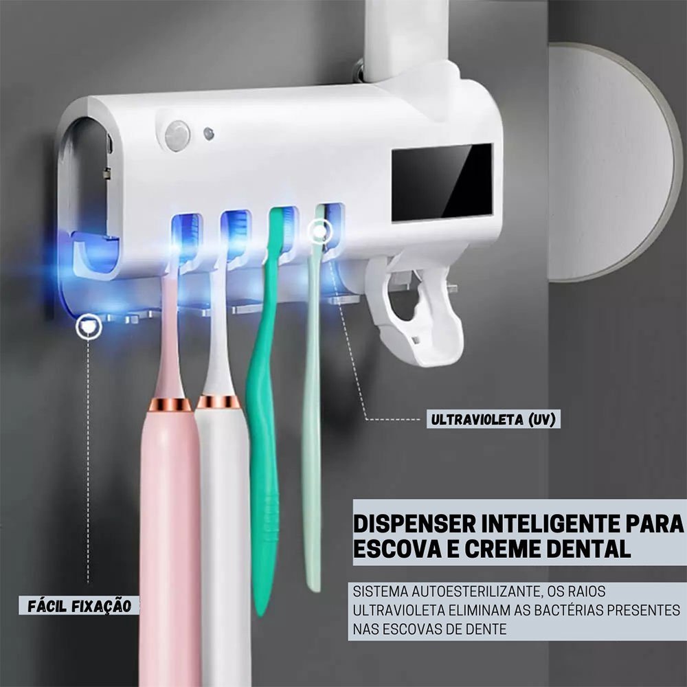 Dispenser Pasta de Dentes Automatico Luz Ultravioleta Suporte Escova de Dentes Elimina Bacterias Ute - 6
