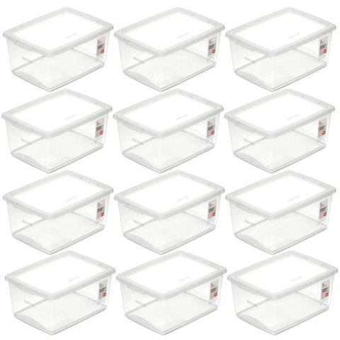 Kit 12 Caixas Plásticas Cesto Organizador Tampa Click Empilhável 33,5x24cm Ordene
