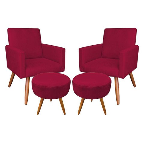 Kit 2 Poltronas/2 Puffs Redonda Veludo Vermelho