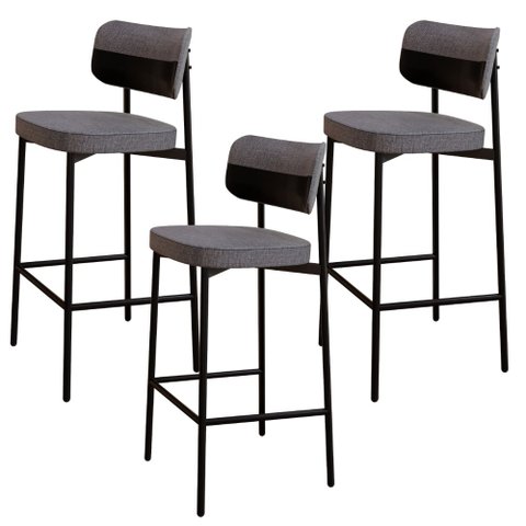 Kit 03 Banquetas Alta Bar Cozinha Sala de Jantar Aço Preto Kaira C01 Linho Cinza Courino Preto - Lya